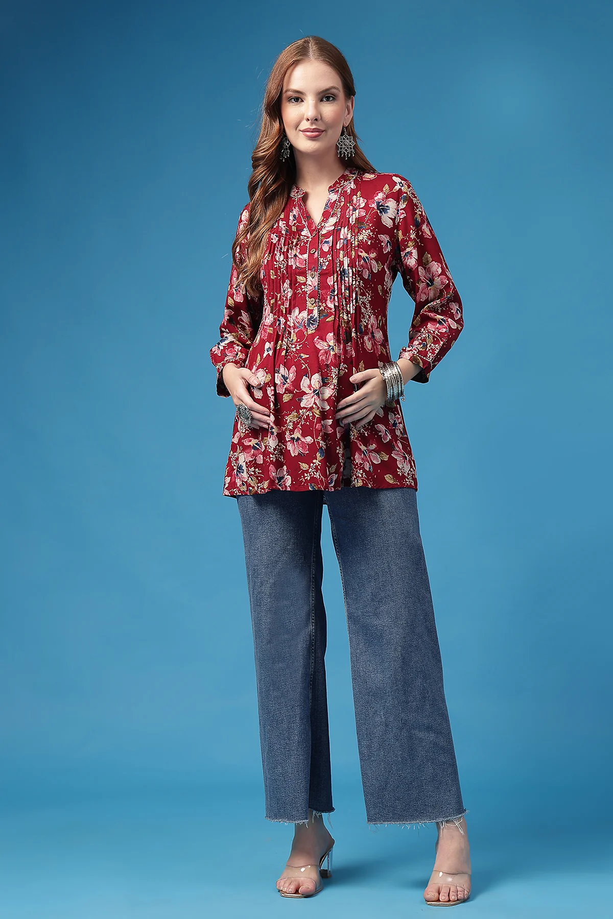 All Over Printed Zipless Feeding Pleated Top - Dark Maroon - Image 3