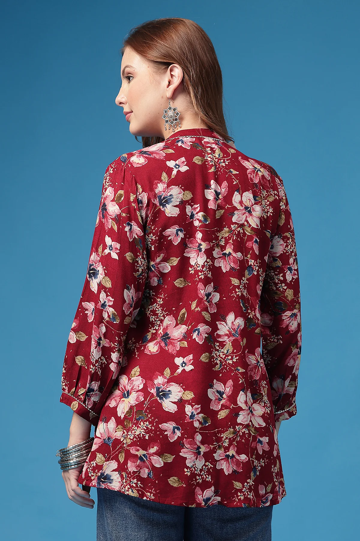 All Over Printed Zipless Feeding Pleated Top - Dark Maroon - Image 4