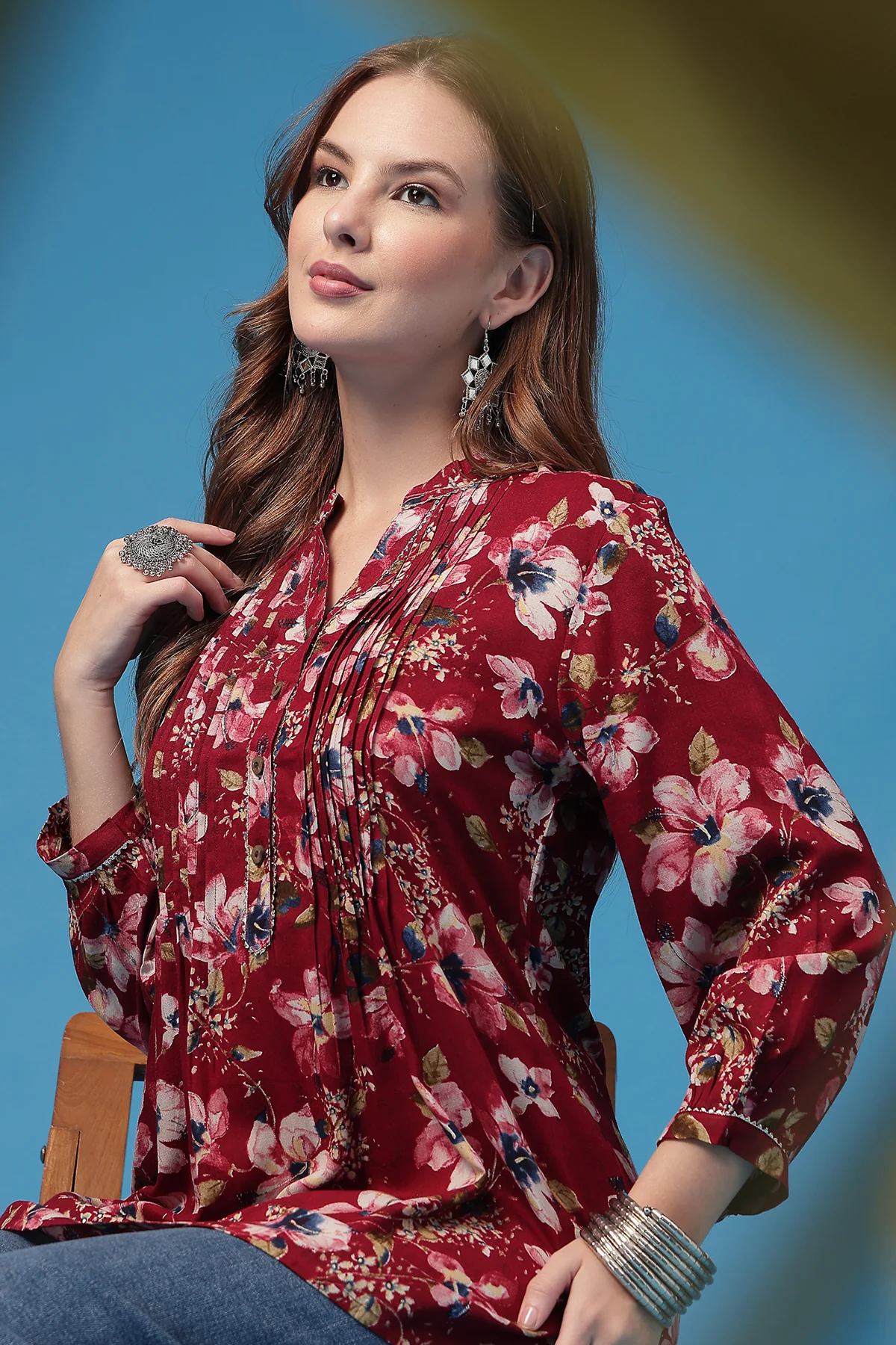 All Over Printed Zipless Feeding Pleated Top - Dark Maroon - Image 5