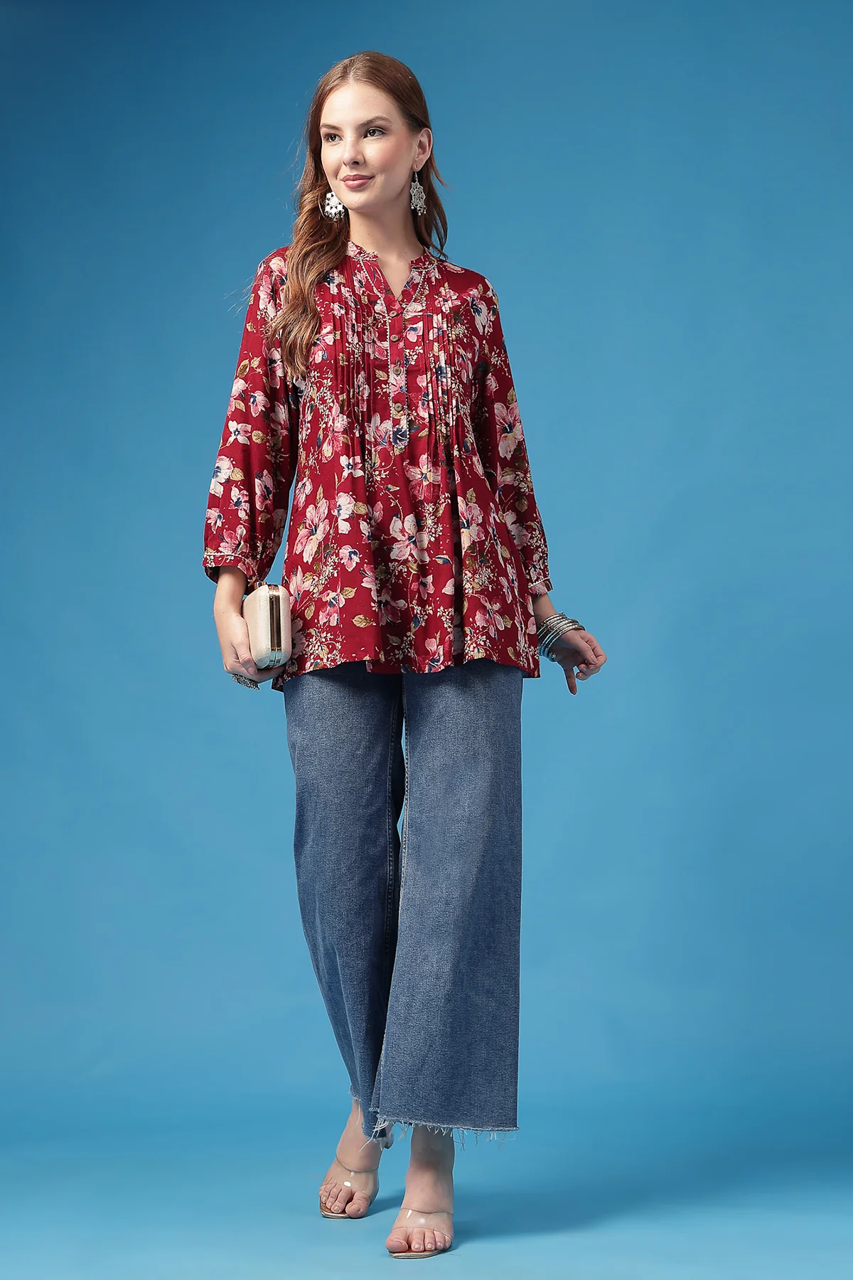 All Over Printed Zipless Feeding Pleated Top - Dark Maroon - Image 7