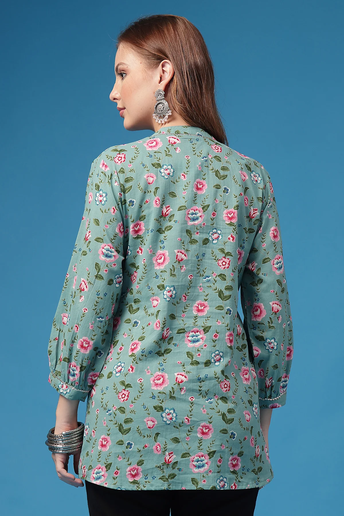 All Over Printed Zipless Feeding Pleated Top - Light Green - Image 3