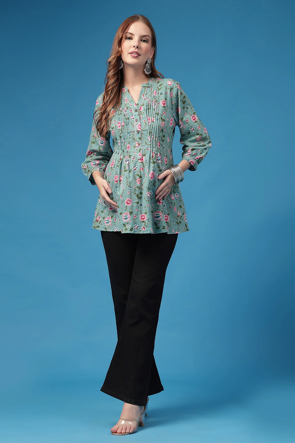 All Over Printed Zipless Feeding Pleated Top - Light Green - Image 4