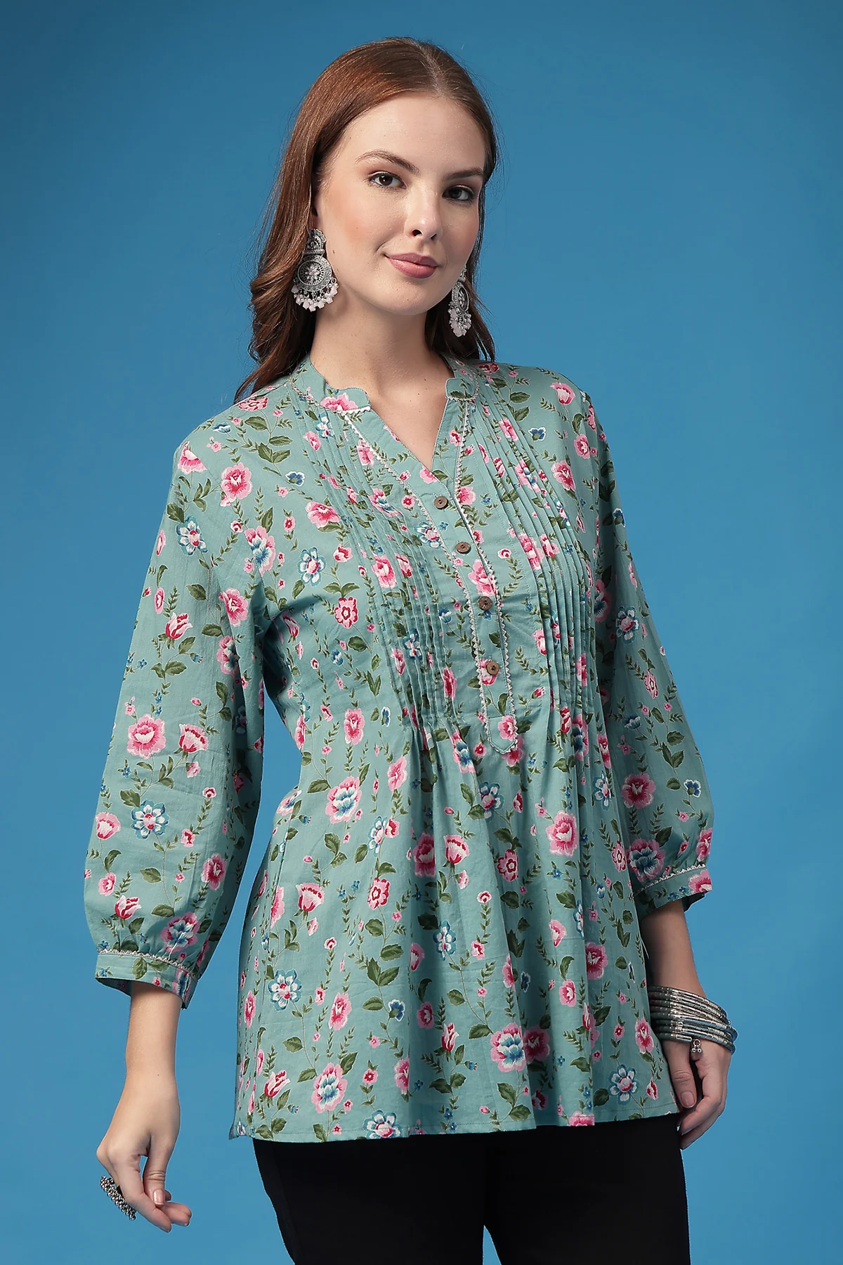 All Over Printed Zipless Feeding Pleated Top - Light Green - Image 6