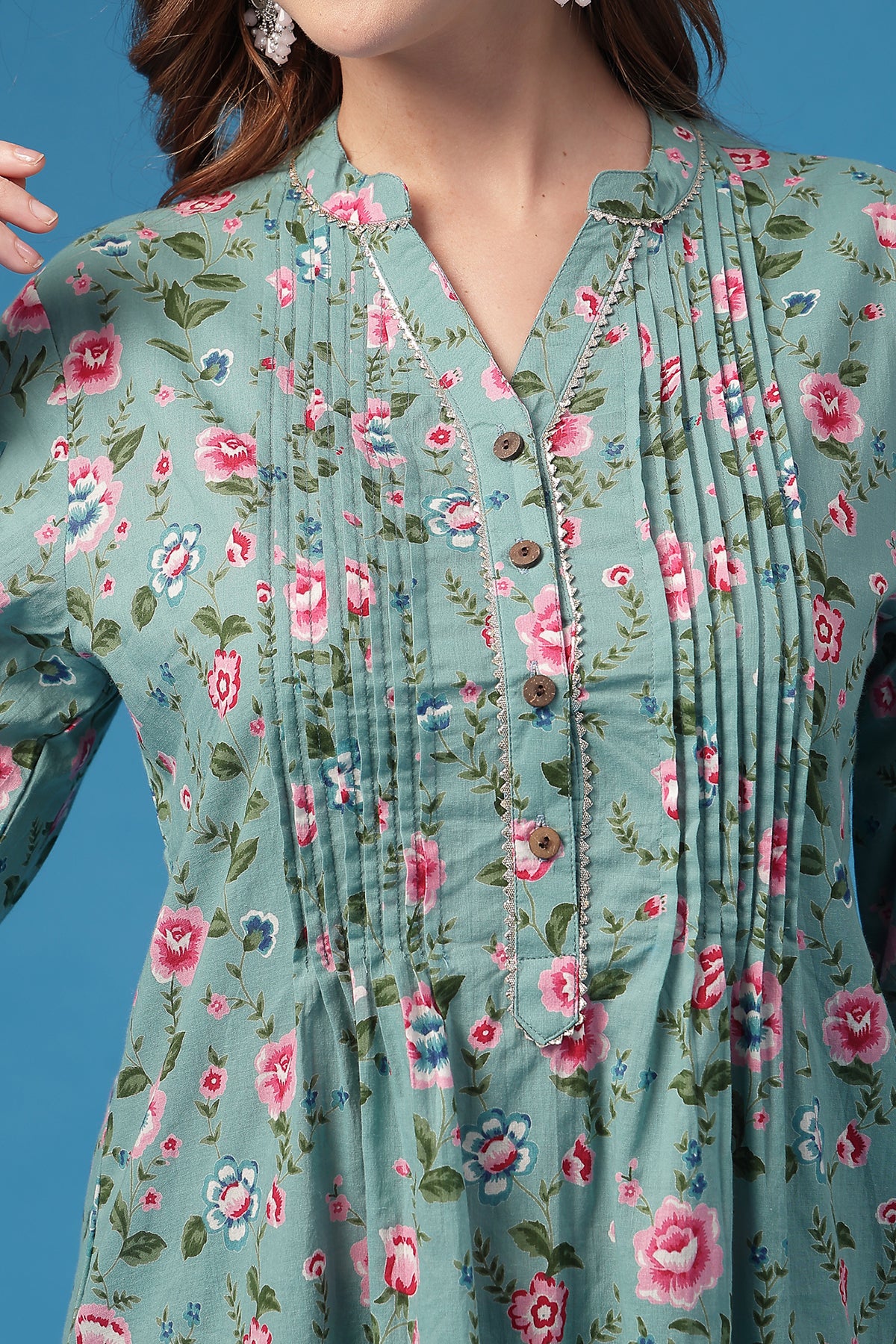 All Over Printed Zipless Feeding Pleated Top - Light Green - Image 7