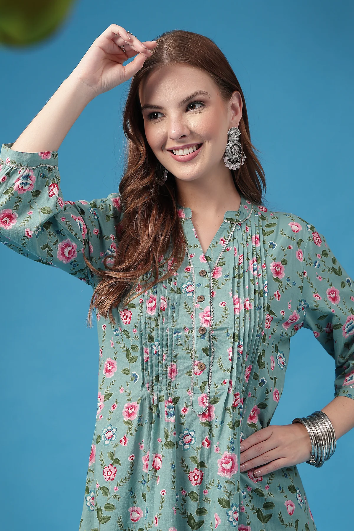 All Over Printed Zipless Feeding Pleated Top - Light Green - Image 8