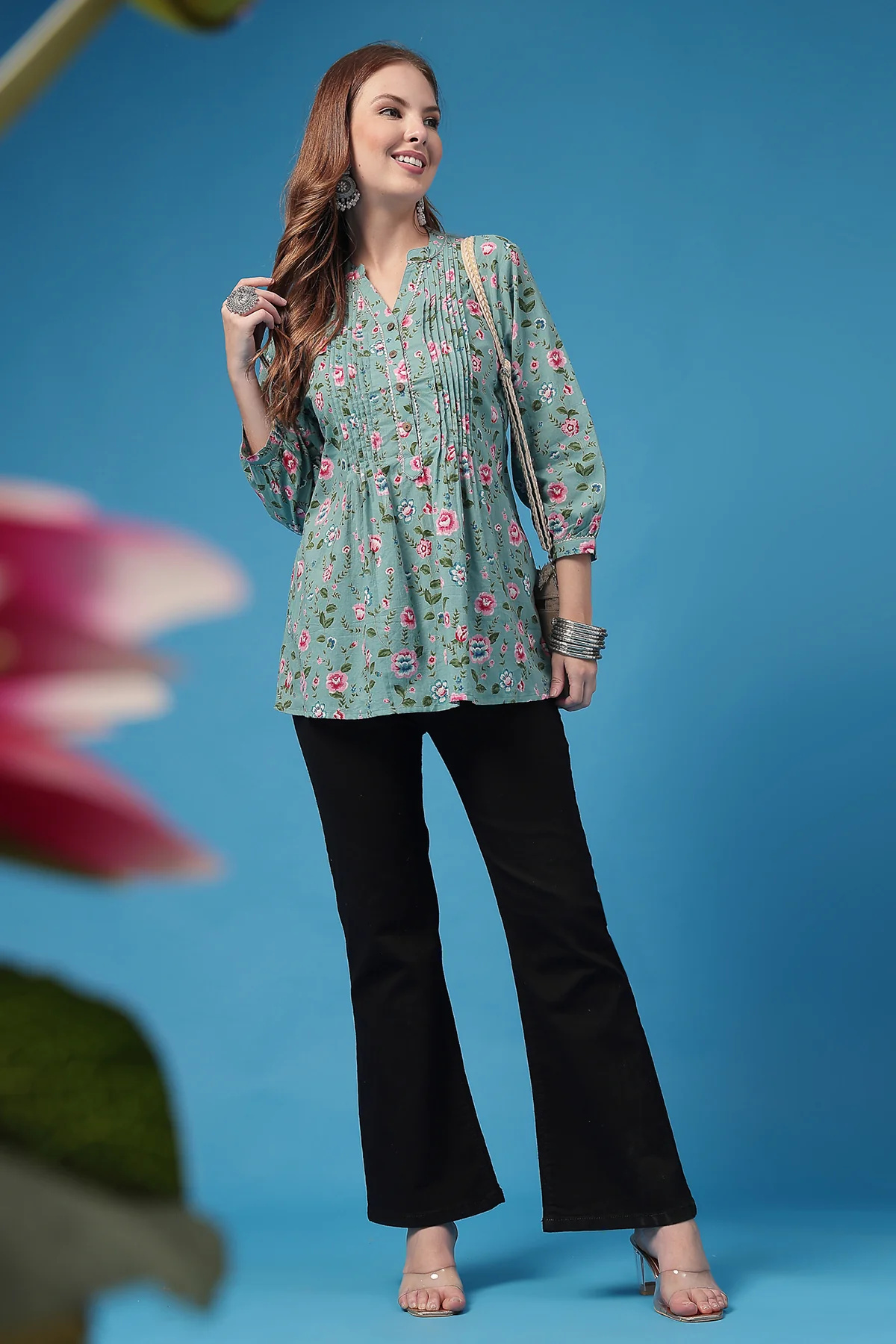 All Over Printed Zipless Feeding Pleated Top - Light Green - Image 9