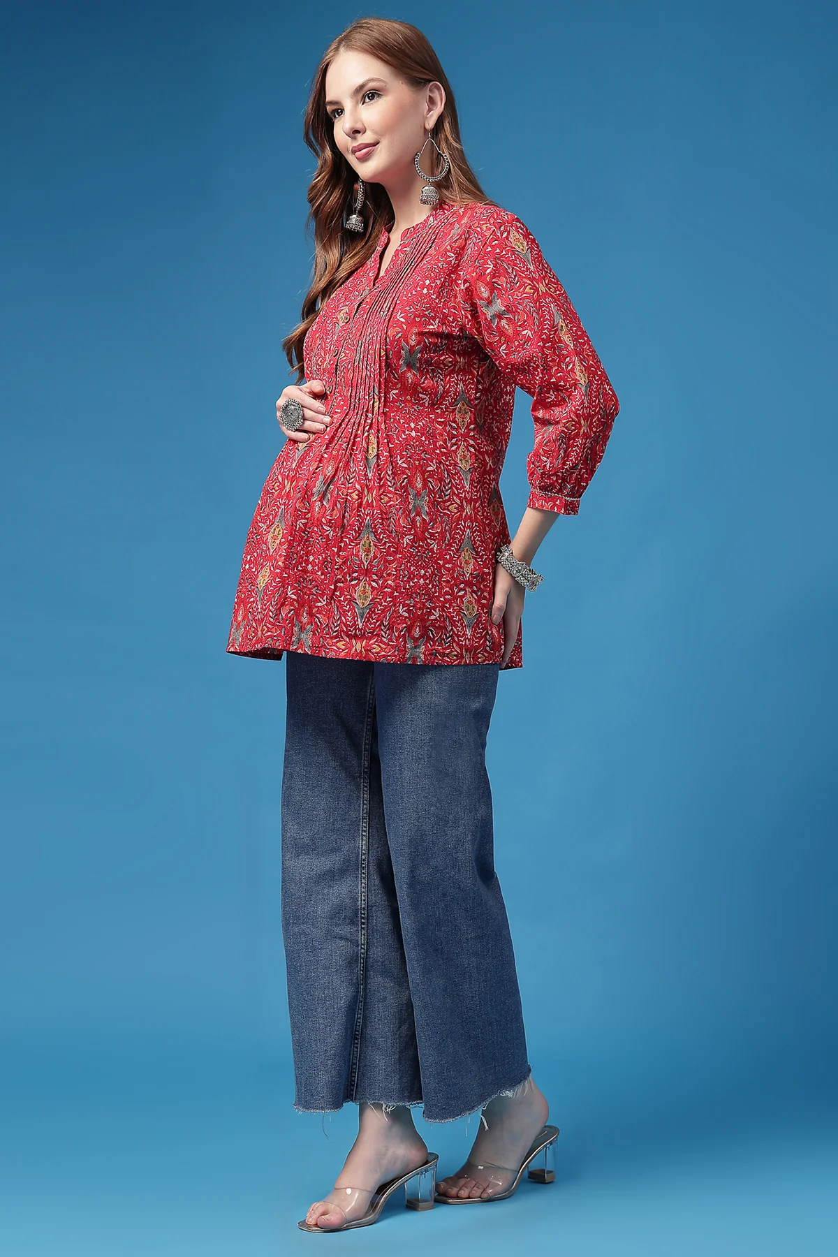 All Over Printed Zipless Feeding Pleated Top - Red - Image 10