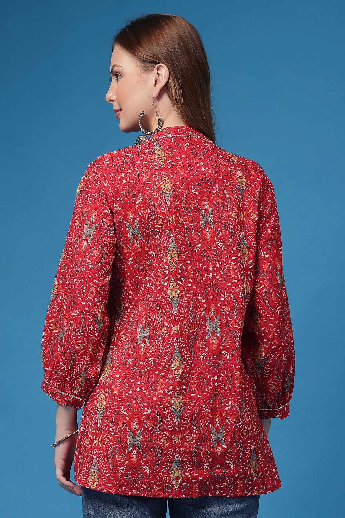 All Over Printed Zipless Feeding Pleated Top - Red - Image 3