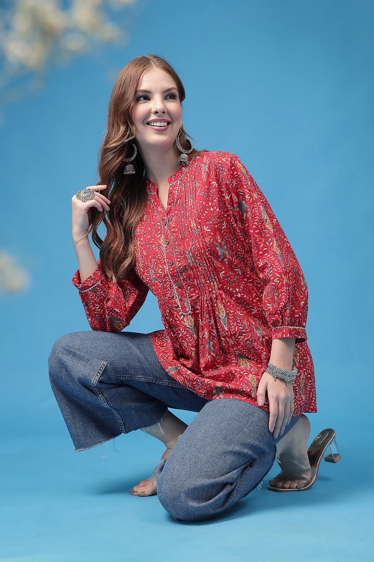 All Over Printed Zipless Feeding Pleated Top - Red - Image 5