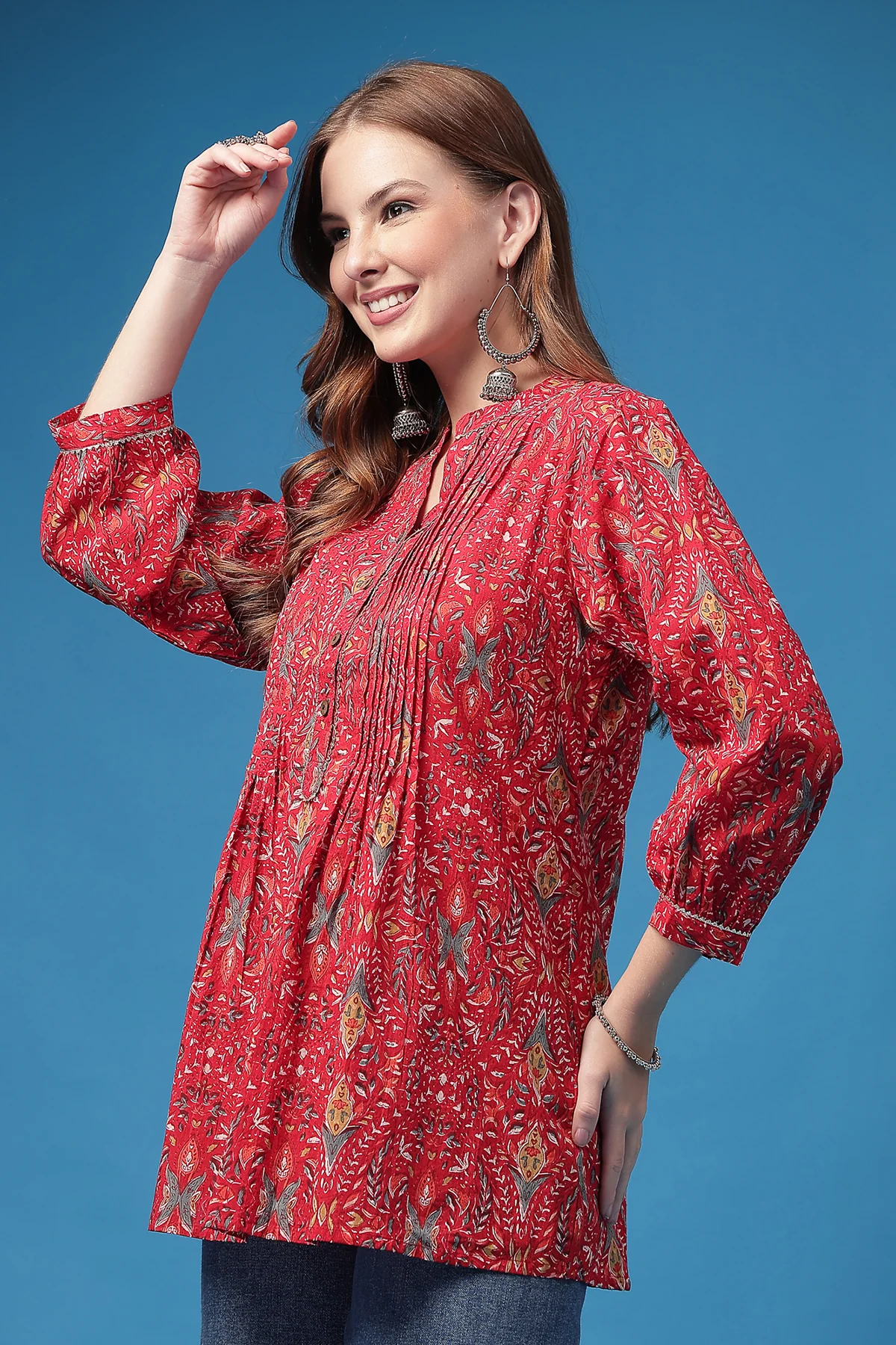 All Over Printed Zipless Feeding Pleated Top - Red - Image 6