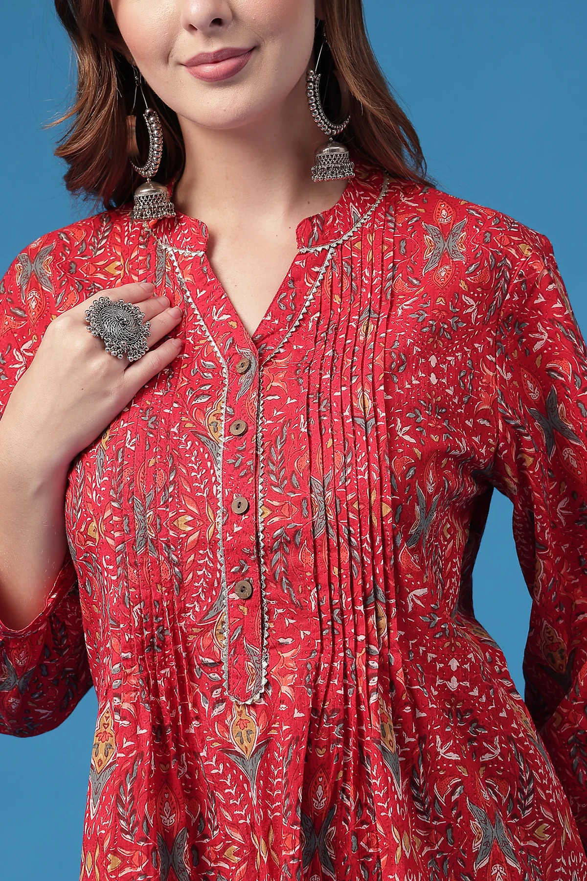 All Over Printed Zipless Feeding Pleated Top - Red - Image 7