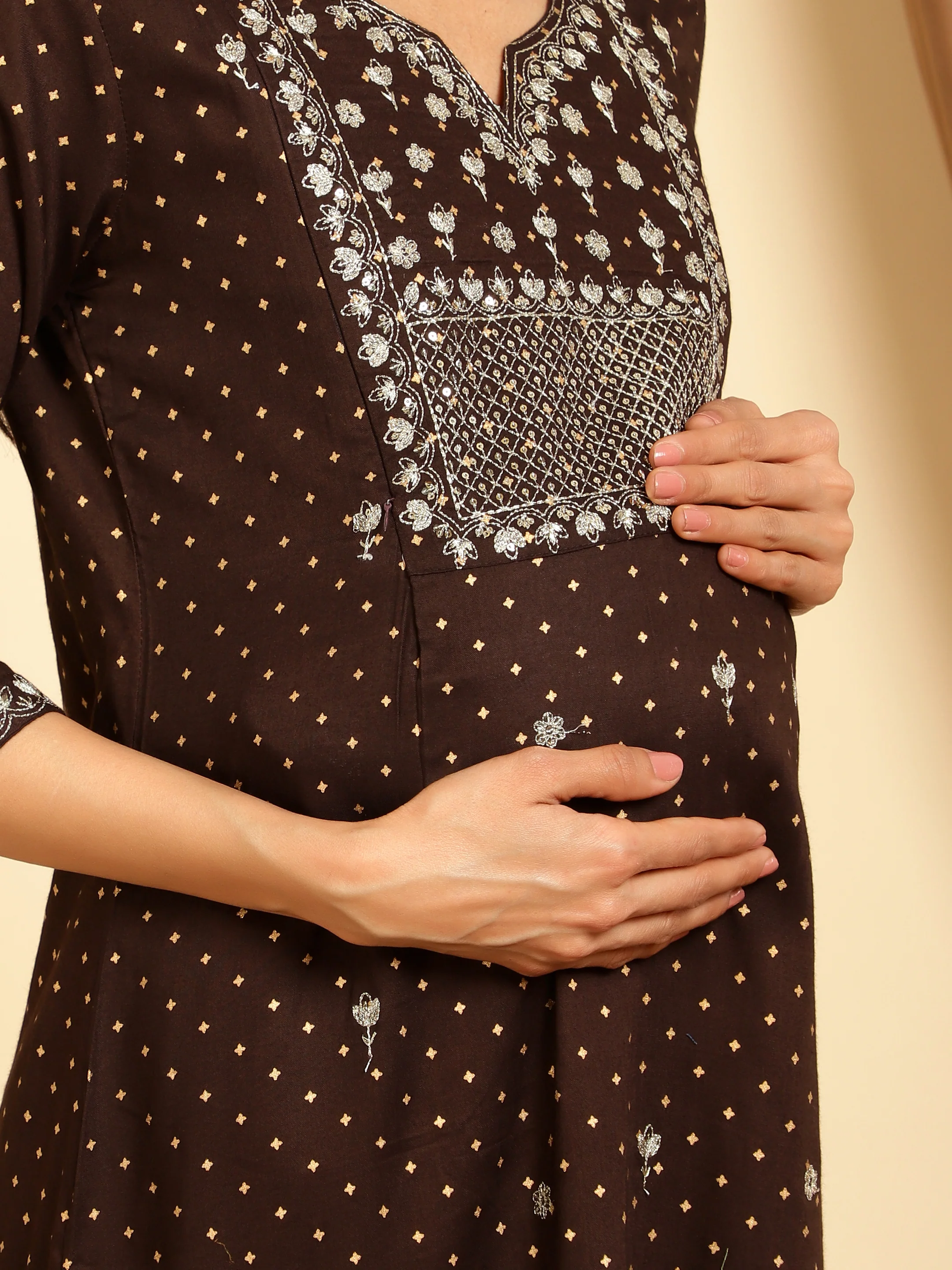 Brown sequins embroidered maternity kurti - Image 4