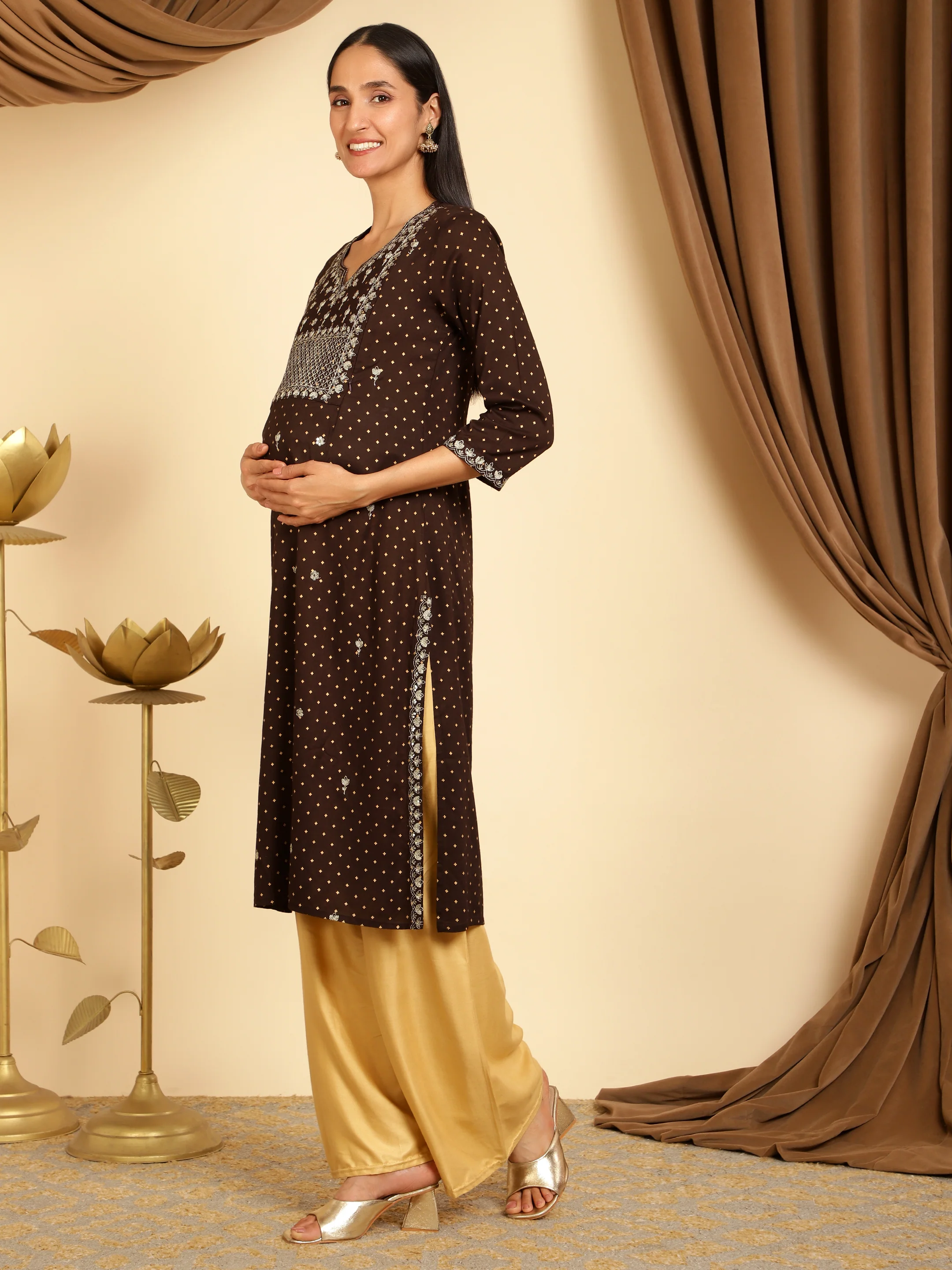 Brown sequins embroidered maternity kurti - Image 5
