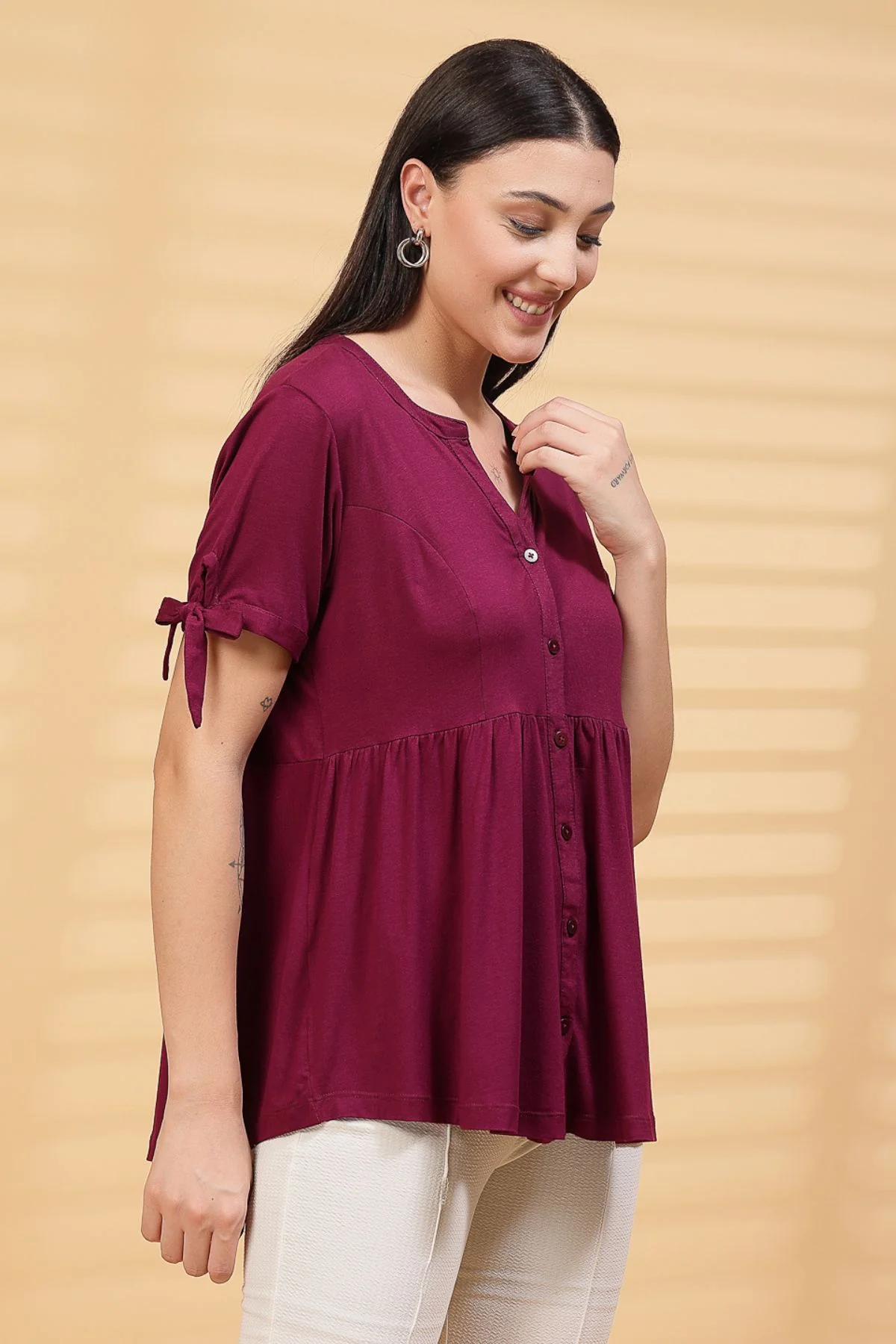 Burgundy Solid Button Top For Zipless Feeding - Image 11