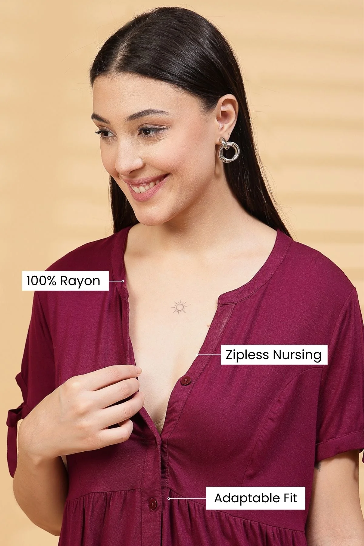 Burgundy Solid Button Top For Zipless Feeding - Image 13