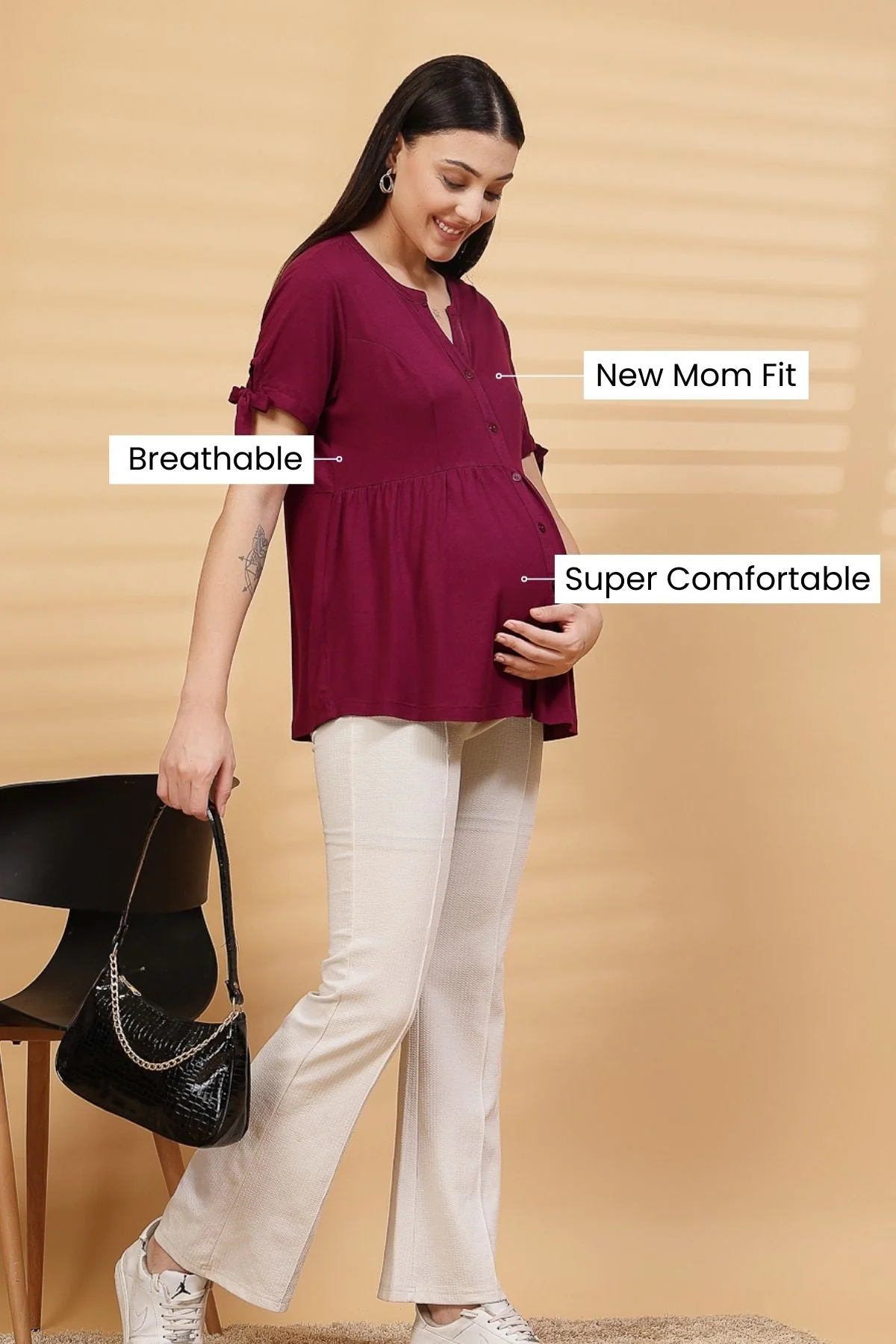 Burgundy Solid Button Top For Zipless Feeding - Image 14