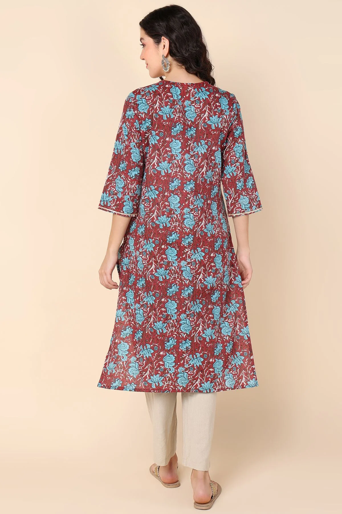 Ethnic Maroon Round Neck Feeding Kurti with Pocket - Image 3