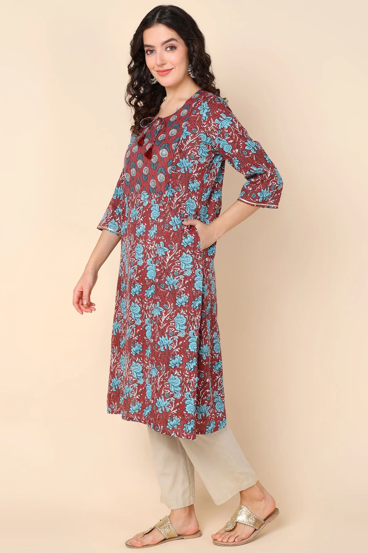 Ethnic Maroon Round Neck Feeding Kurti with Pocket - Image 4