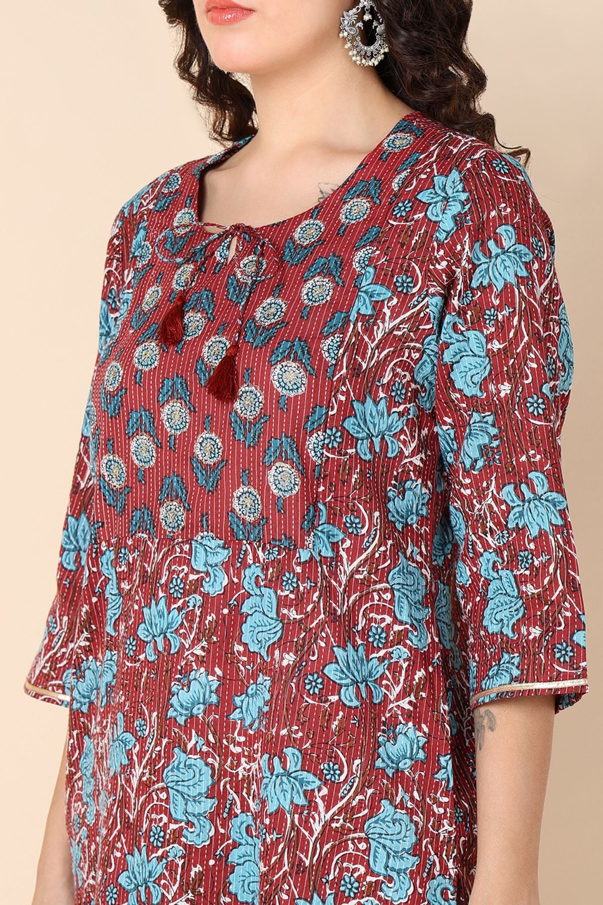 Ethnic Maroon Round Neck Feeding Kurti with Pocket - Image 6