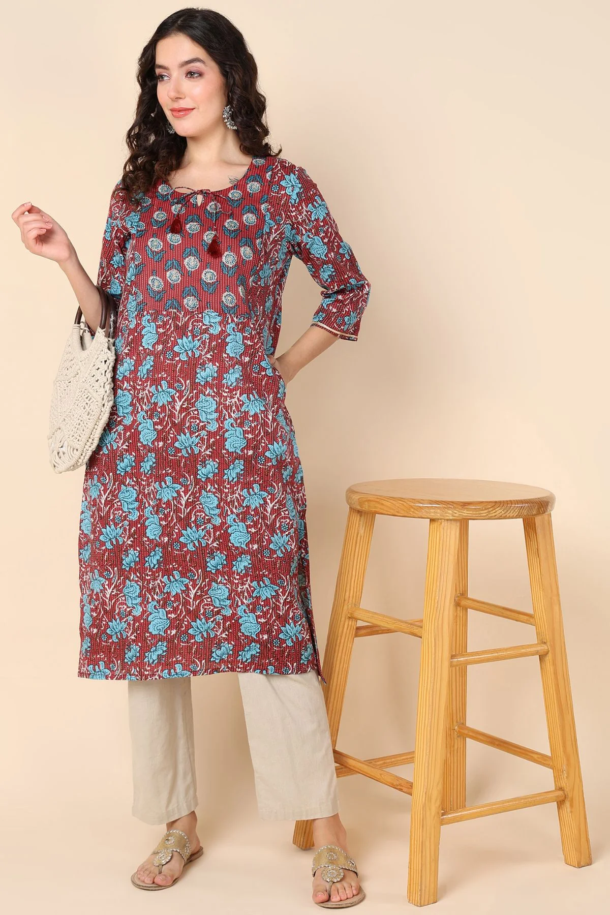 Ethnic Maroon Round Neck Feeding Kurti with Pocket - Image 7