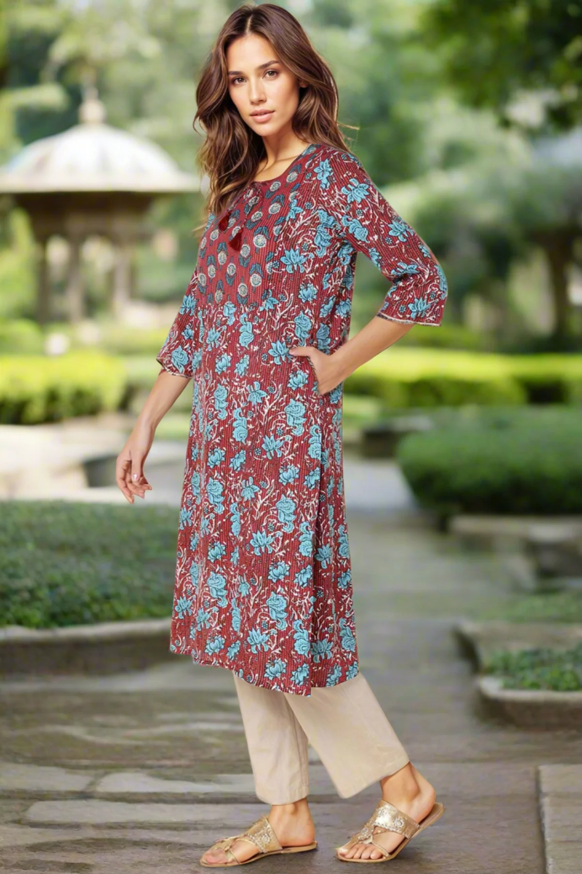 Ethnic Maroon Round Neck Feeding Kurti with Pocket - Image 8