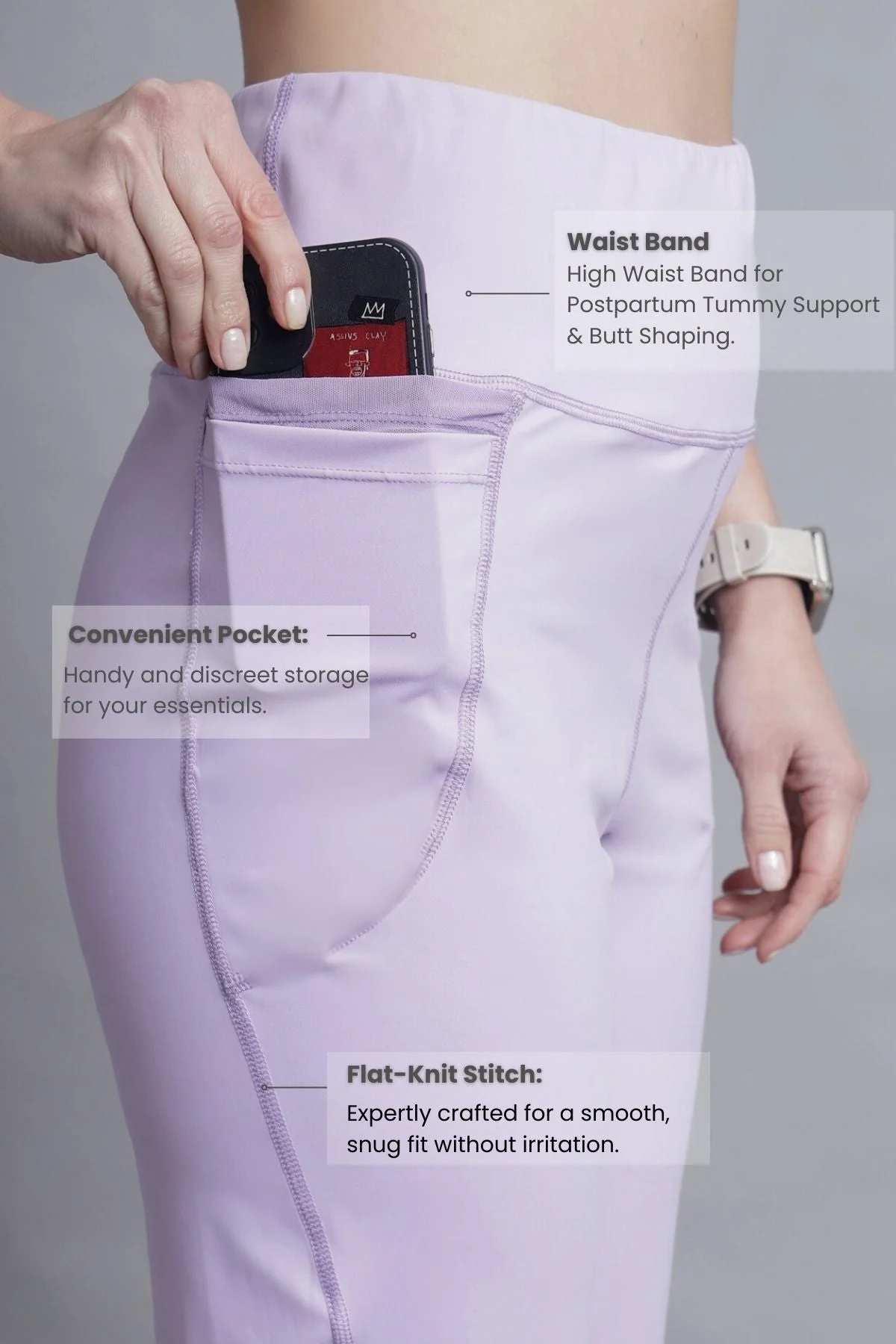 High Waisted Gentle Compression Lavender Postpartum Pants - Image 9