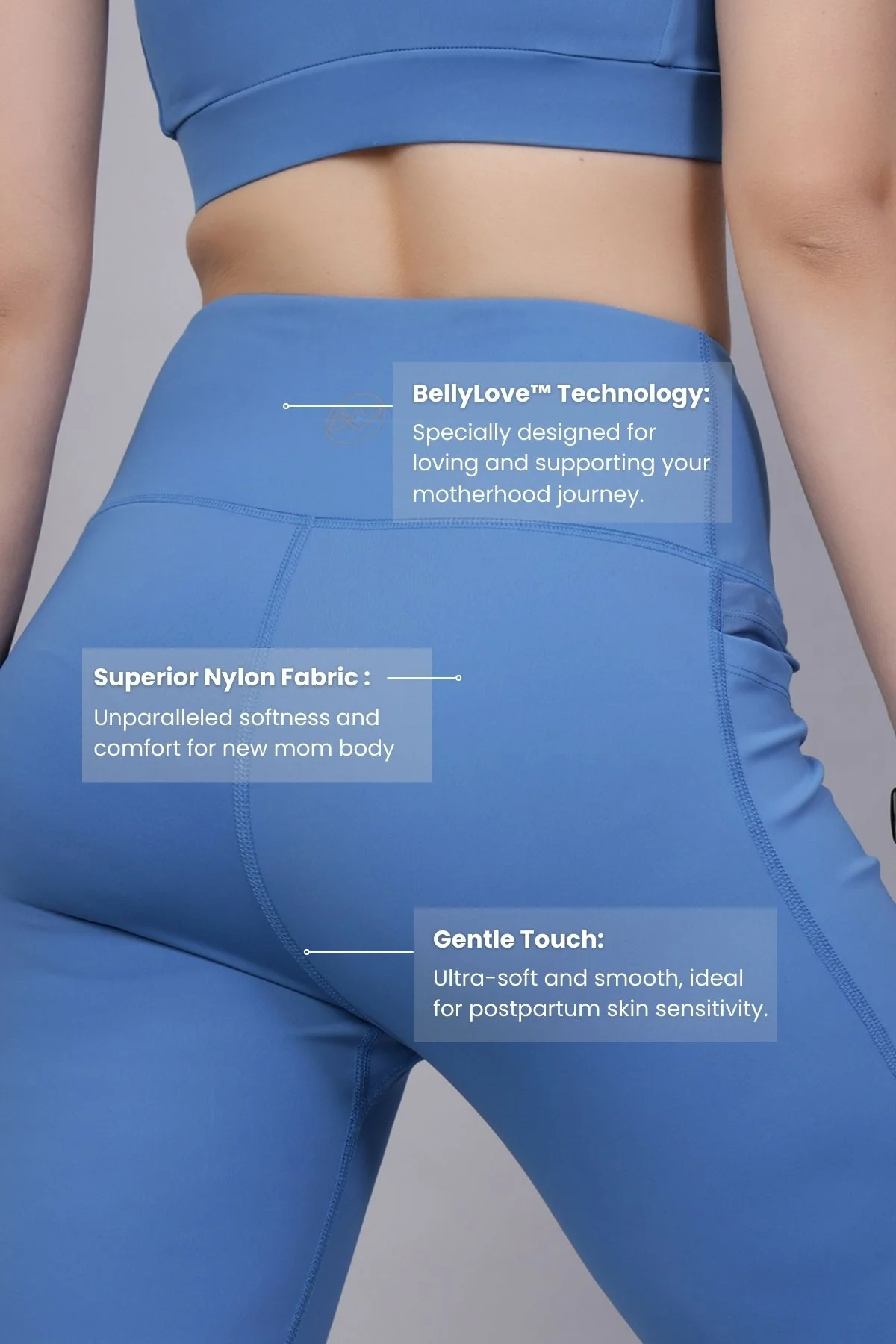 High Waisted Gentle Compression Blue Postpartum Leggings - Image 3