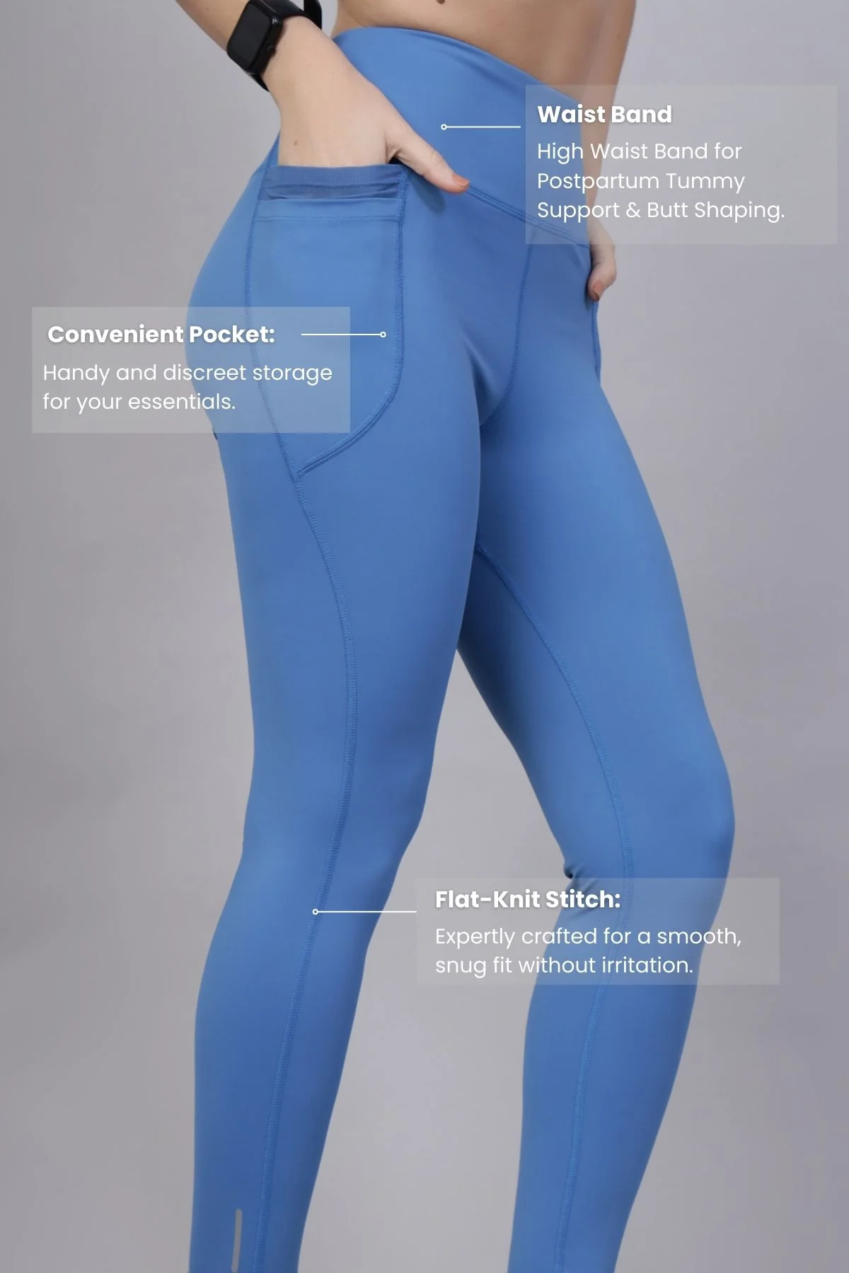 High Waisted Gentle Compression Blue Postpartum Leggings - Image 4
