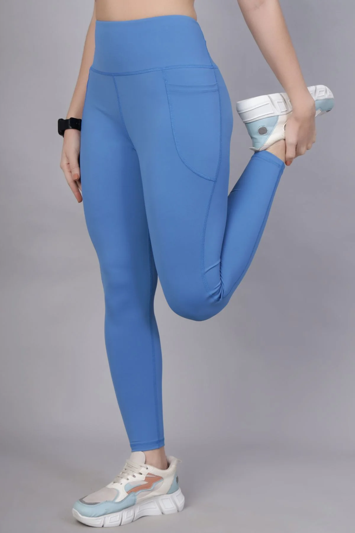 High Waisted Gentle Compression Blue Postpartum Leggings - Image 8