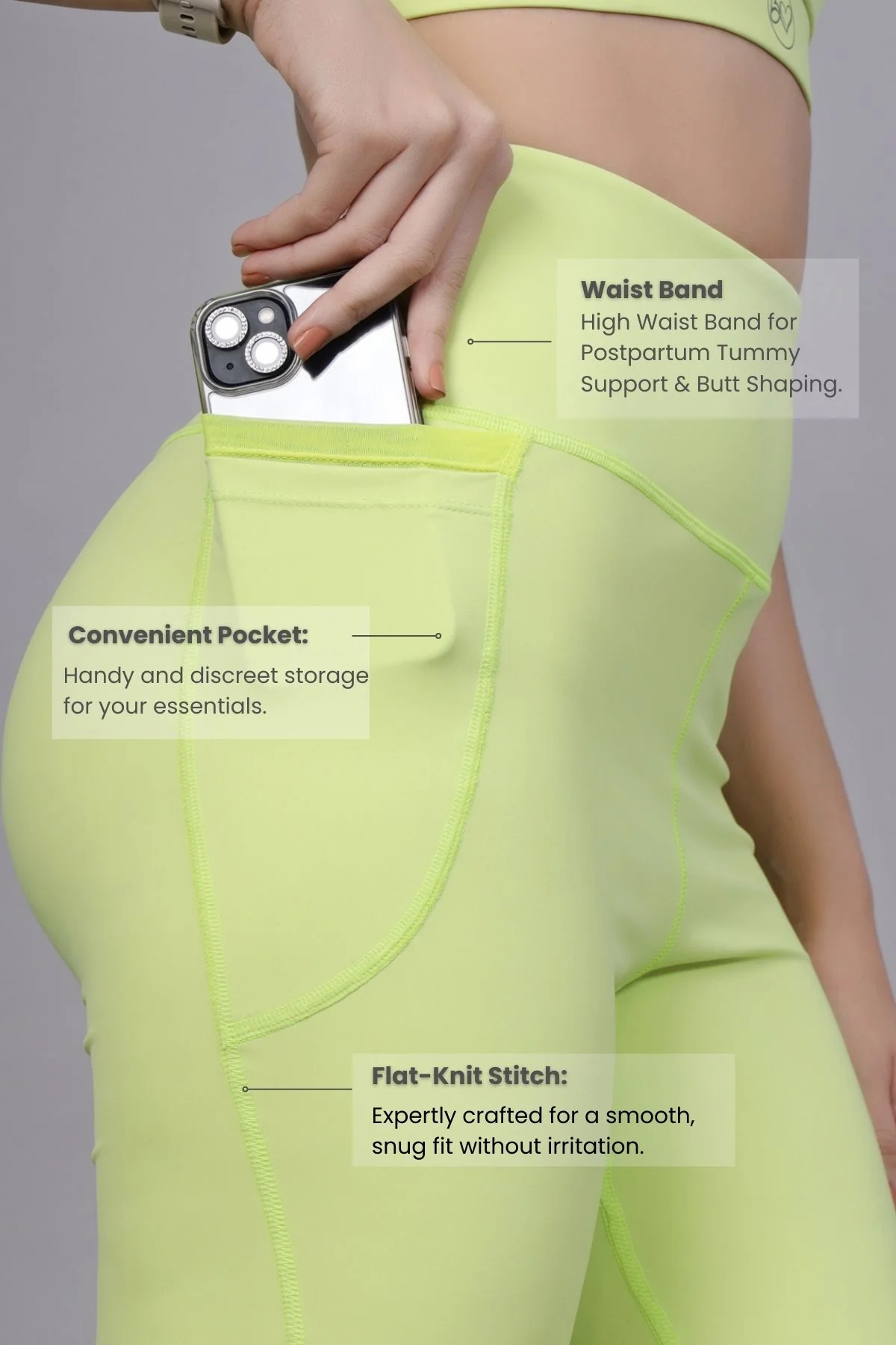 High Waisted Gentle Compression Lime Postpartum Pants - Image 3