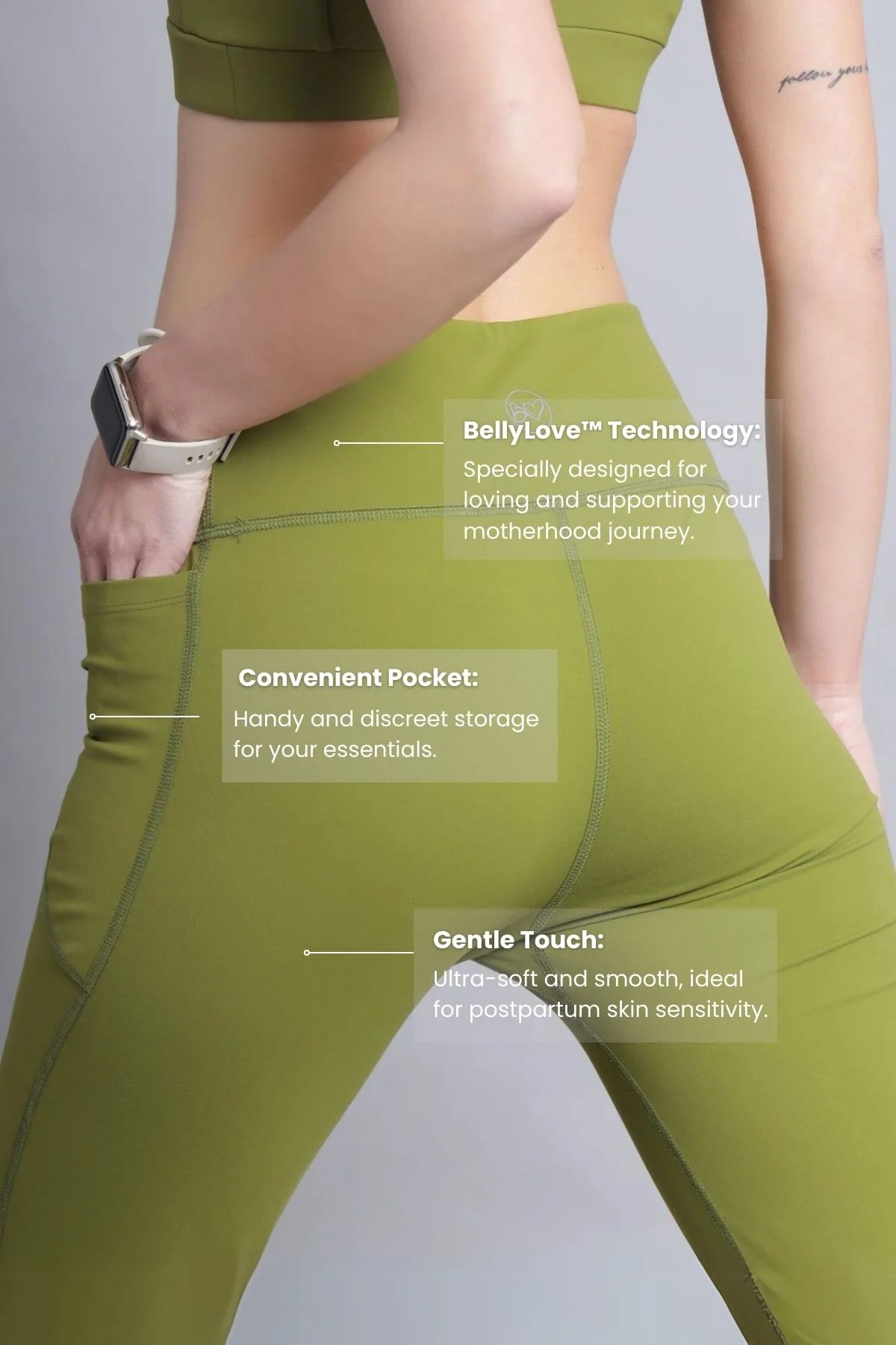 High Waisted Gentle Compression Olive Postpartum Leggings - Image 3