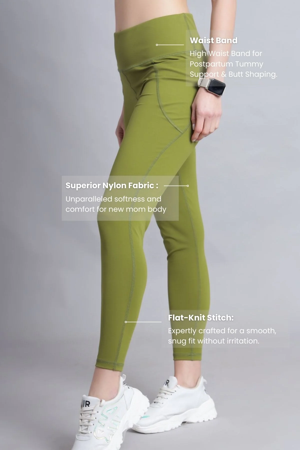 High Waisted Gentle Compression Olive Postpartum Leggings - Image 4
