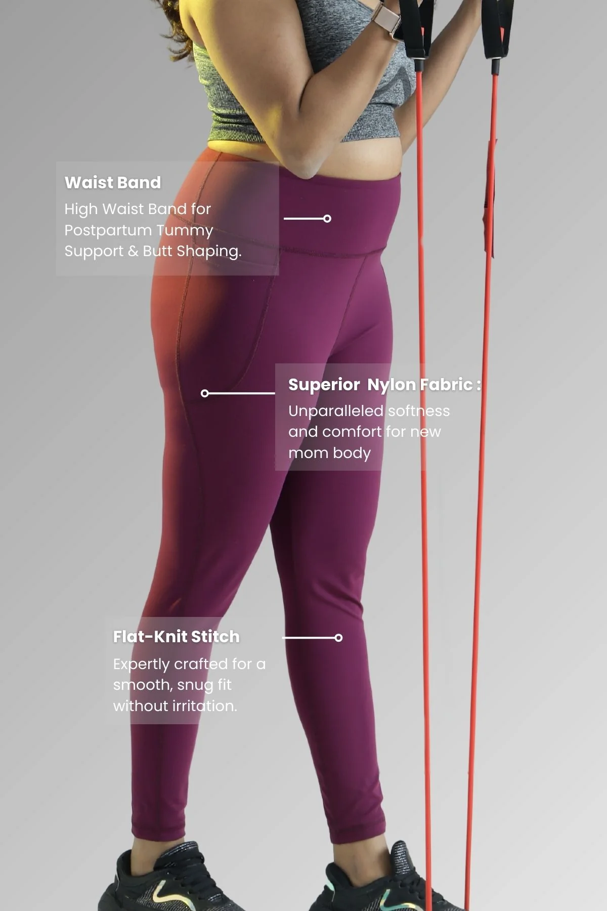 High Waisted Gentle Compression Wine Postpartum Leggings - Image 3