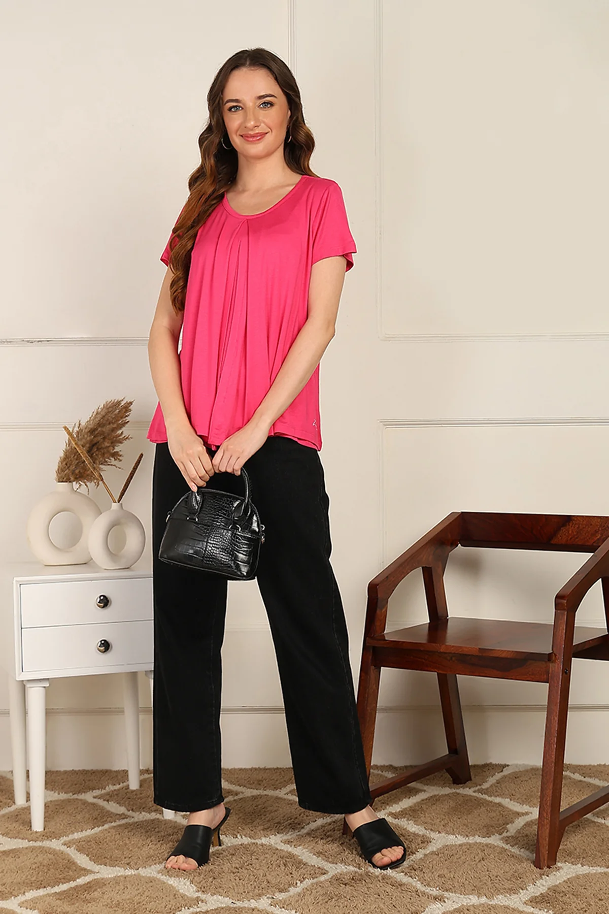 Fuchsia Front & Back Pleated Zipless Nursing Top - Image 4