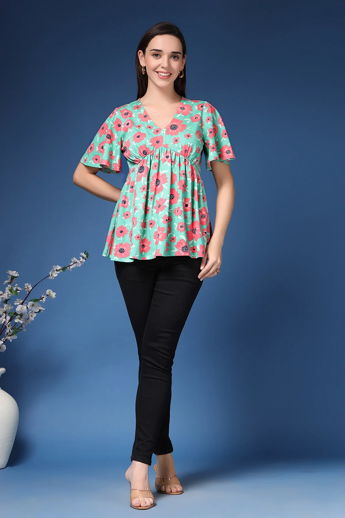 Rhea Poppy Floral Flutter Sleeve Concealed Zip Feeding Printed Top - Image 4