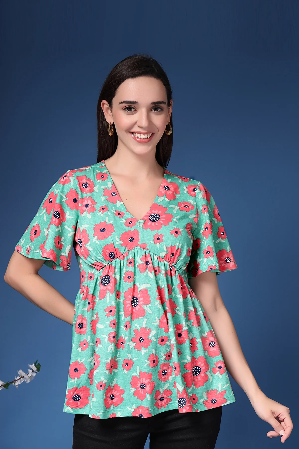 Rhea Poppy Floral Flutter Sleeve Concealed Zip Feeding Printed Top - Image 5