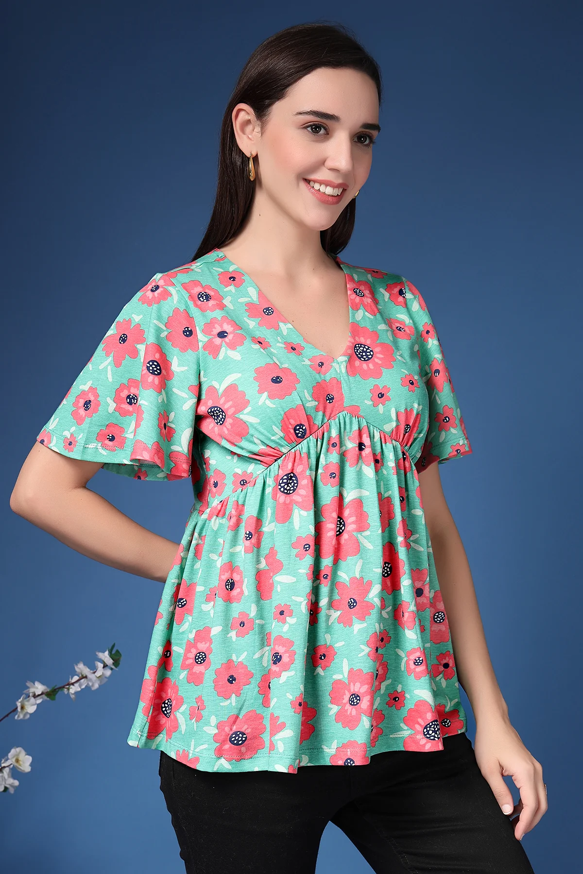 Rhea Poppy Floral Flutter Sleeve Concealed Zip Feeding Printed Top - Image 6