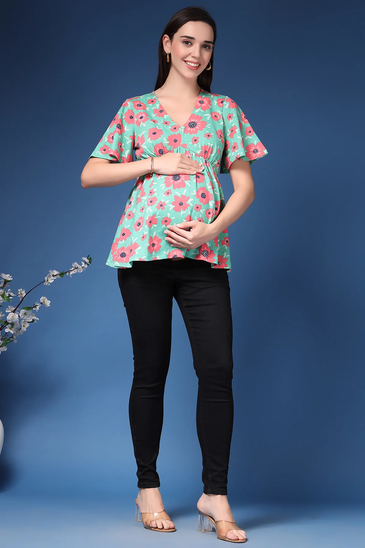 Rhea Poppy Floral Flutter Sleeve Concealed Zip Feeding Printed Top - Image 9