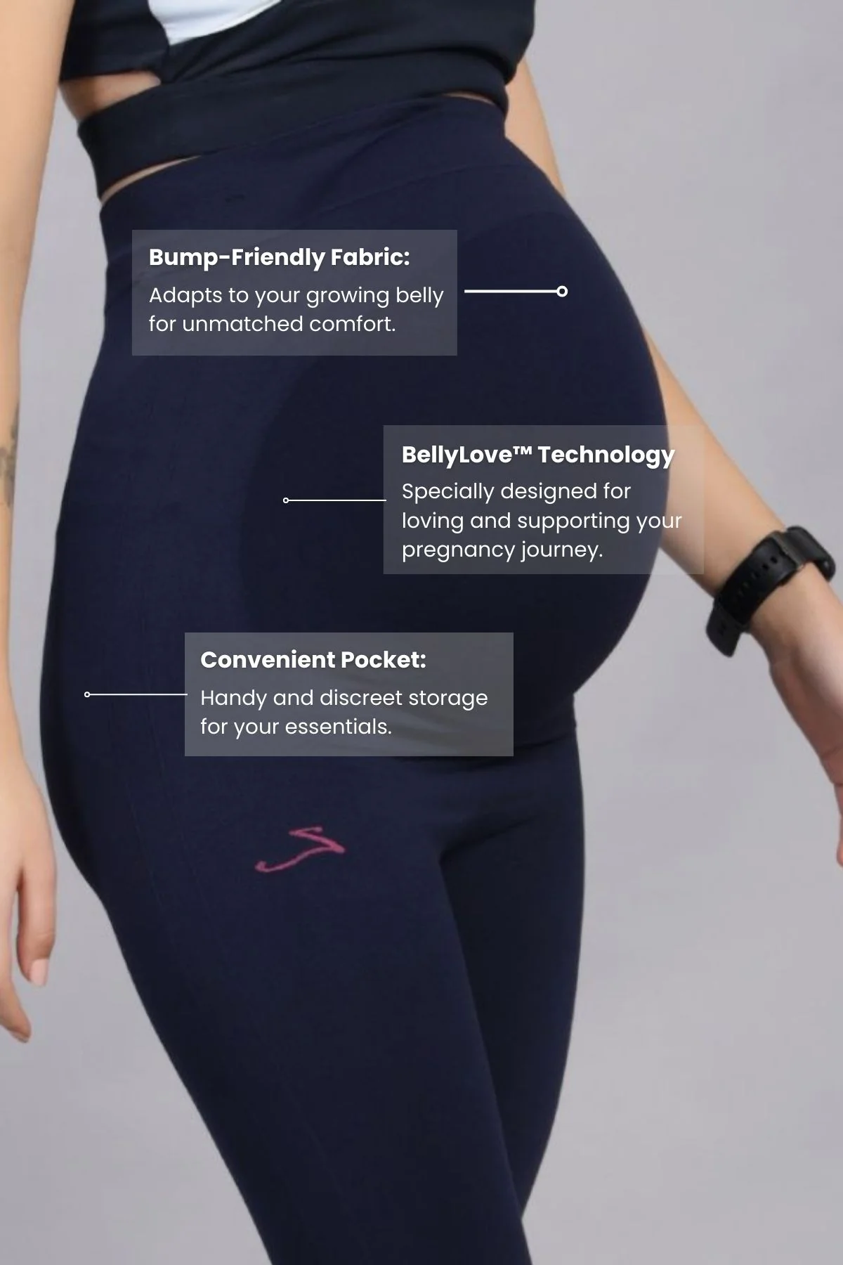 Seamless Adaptable Bump Support Navy Blue Maternity Leggings - Image 3