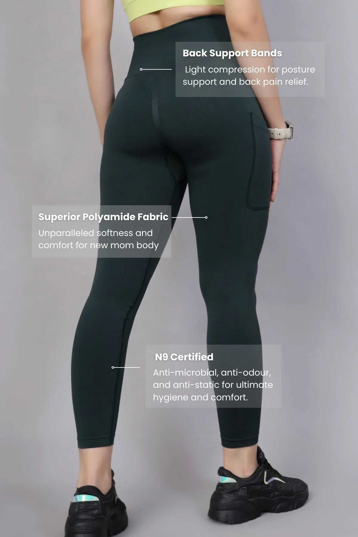 Seamless High Waisted Tummy Compression Green Postpartum Leggings - Image 3