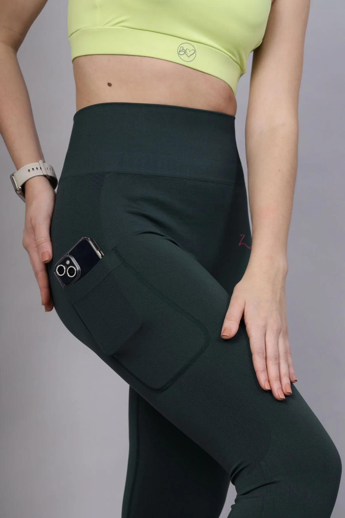 Seamless High Waisted Tummy Compression Green Postpartum Leggings - Image 9