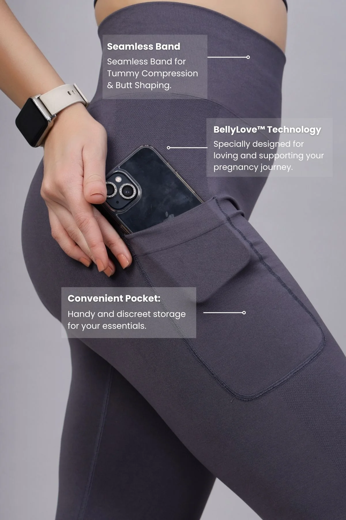 Seamless High Waisted Tummy Compression Grey Postpartum Leggings - Image 3