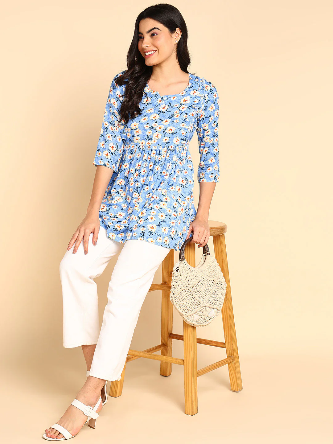 SeaShell Aqua Blue Short Maternity Top with Pocket - Image 7