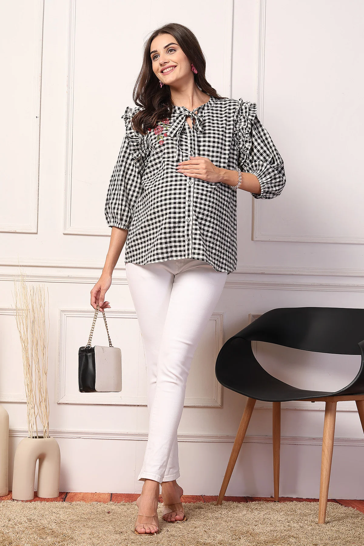 Vintage Charm Black and White Checkered Zipless Feeding Maternity Top - Image 10