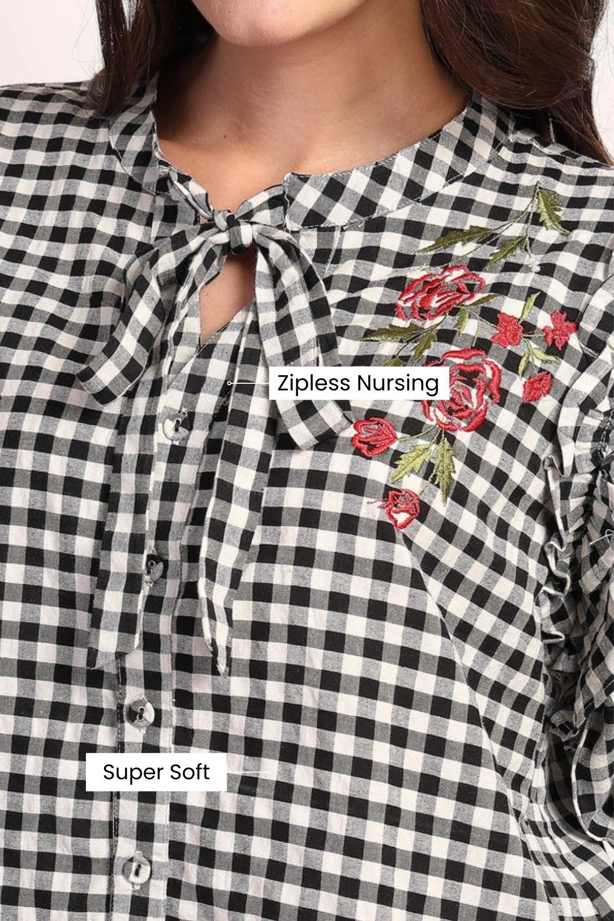 Vintage Charm Black and White Checkered Zipless Feeding Maternity Top - Image 11