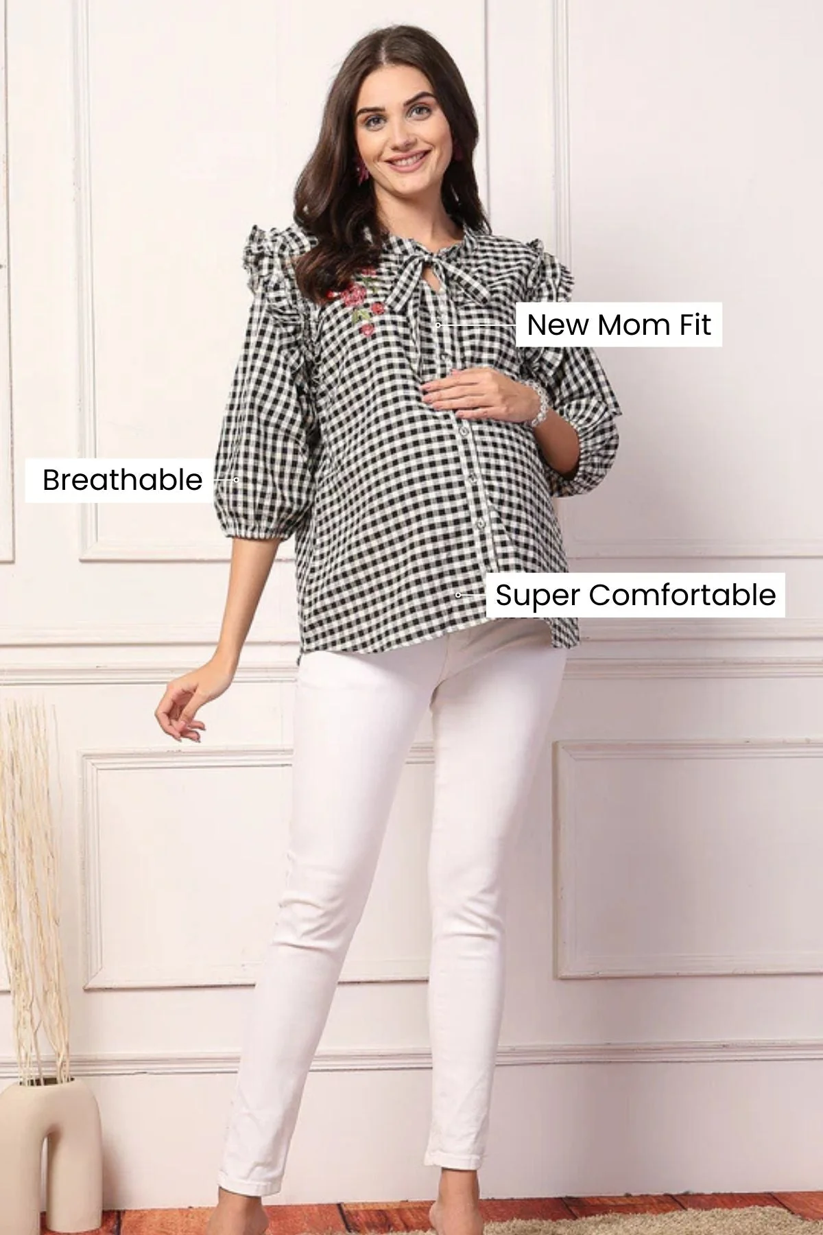 Vintage Charm Black and White Checkered Zipless Feeding Maternity Top - Image 13