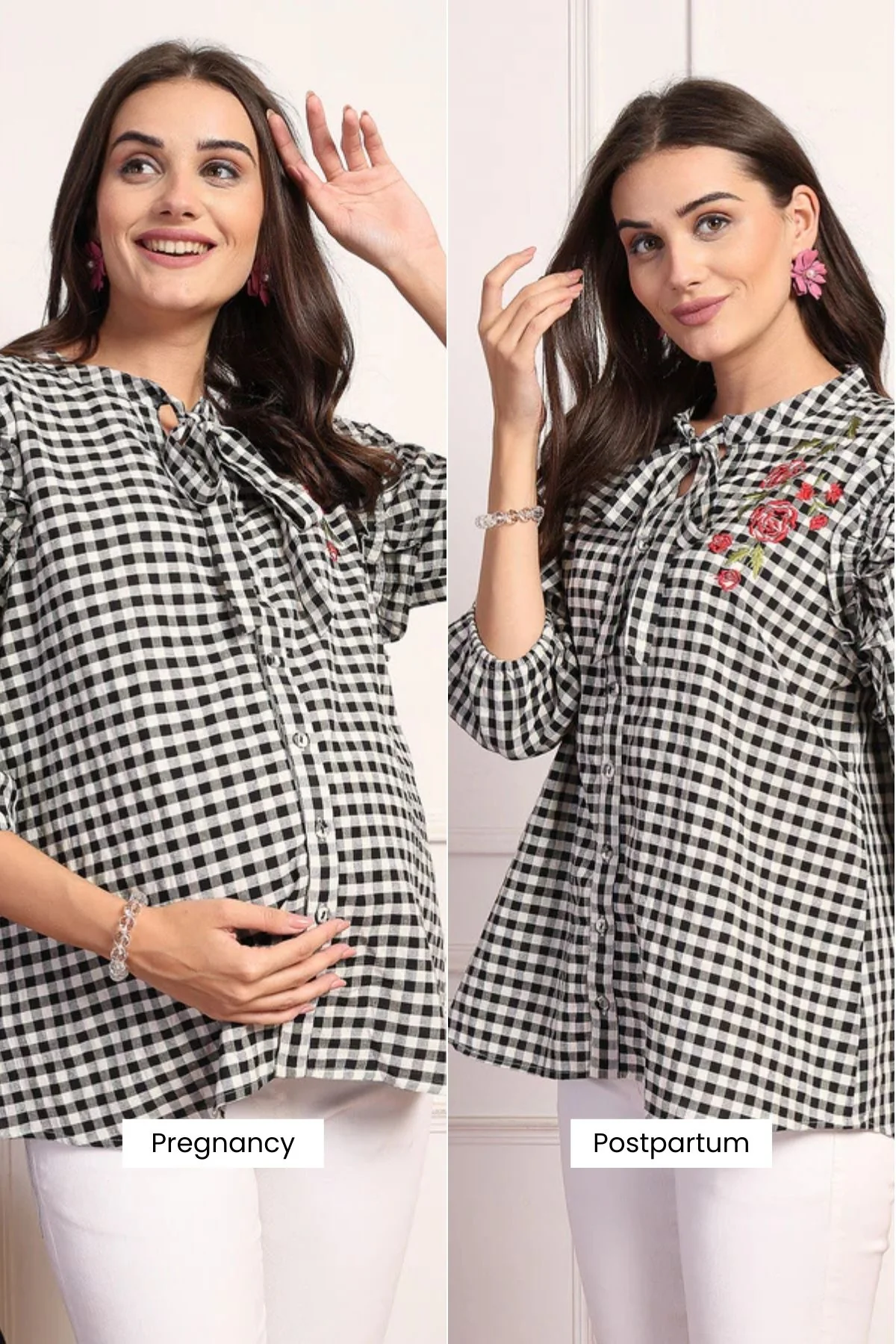 Vintage Charm Black and White Checkered Zipless Feeding Maternity Top - Image 4