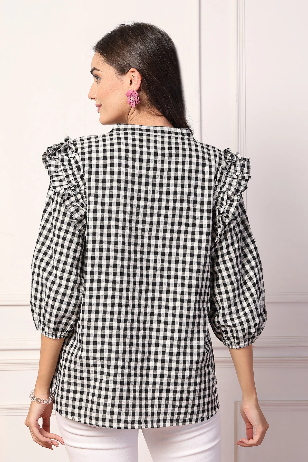 Vintage Charm Black and White Checkered Zipless Feeding Maternity Top - Image 7