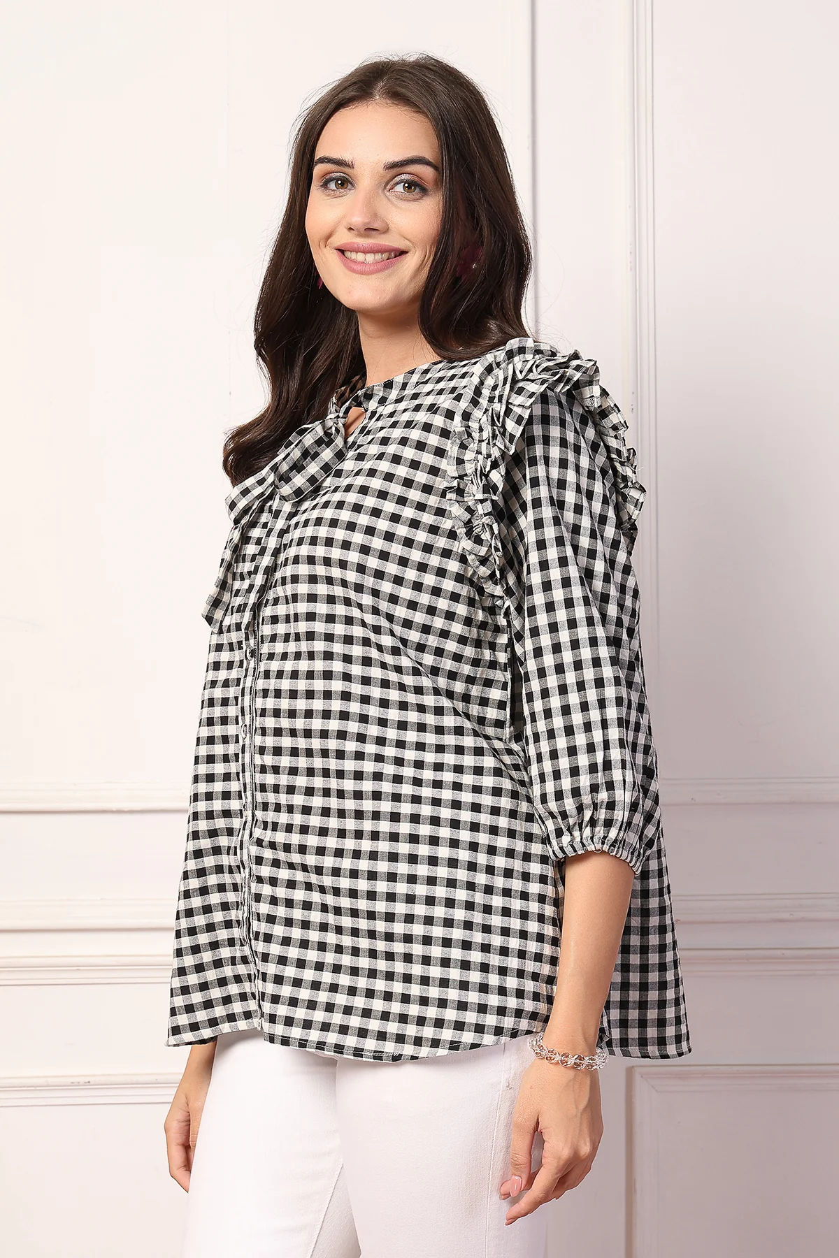 Vintage Charm Black and White Checkered Zipless Feeding Maternity Top - Image 8