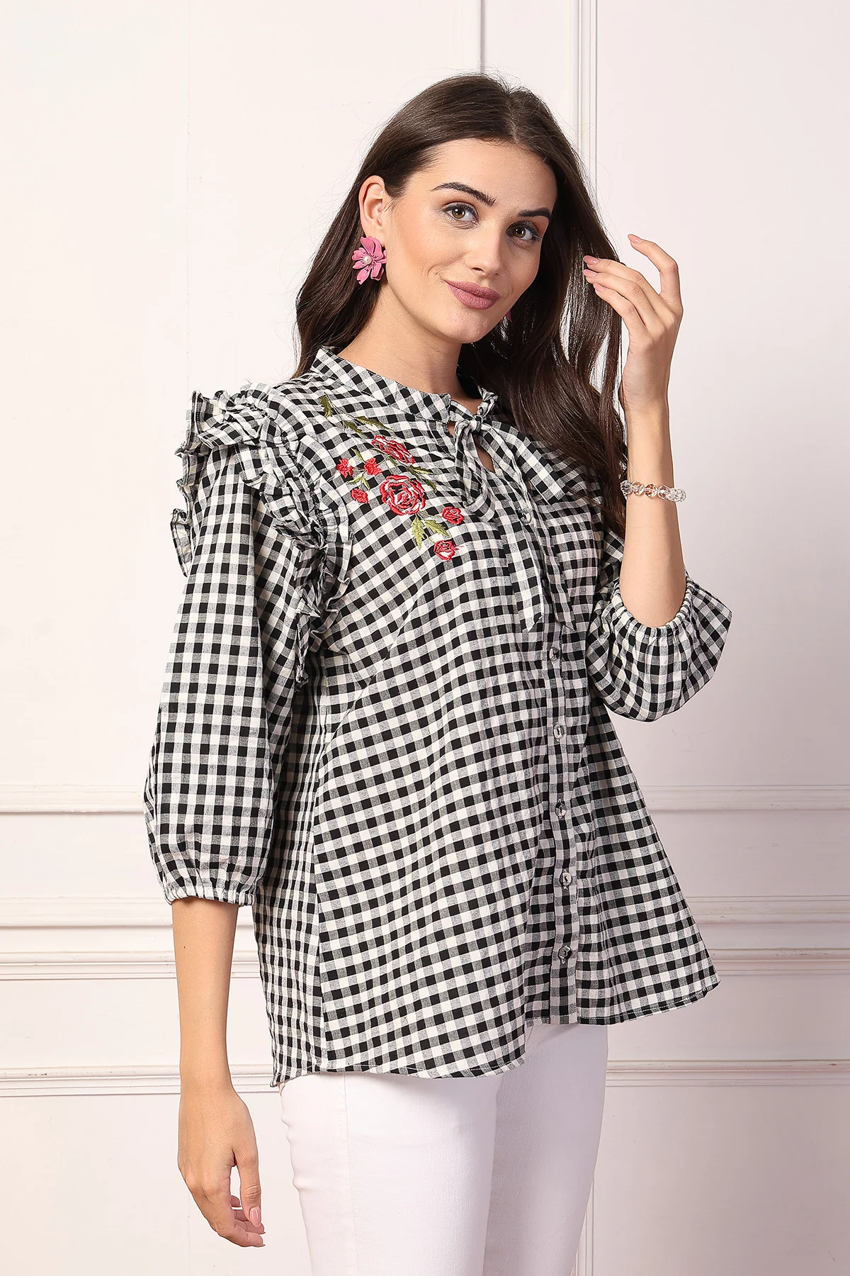 Vintage Charm Black and White Checkered Zipless Feeding Maternity Top - Image 9